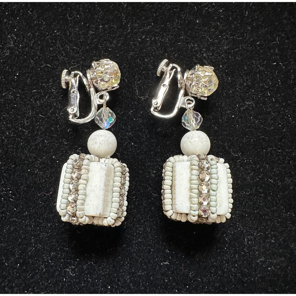 1950's Vendome Dangle Earrings White &‎ Crystal